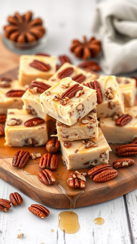 Delicious maple pecan pie fudge stacked on a wooden board with pecans and maple syrup.