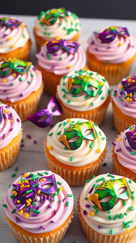 Festive Mardi Gras cupcakes with colorful frosting and decorative toppers