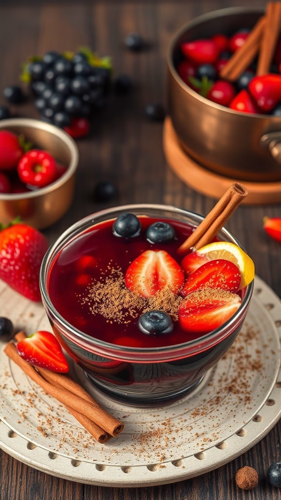 A bowl of Mazamorra Morada decorated with fruits and cinnamon sticks