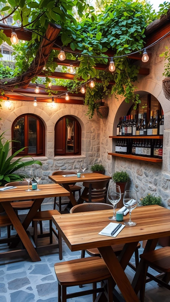 A cozy Mediterranean-style wine bar with wooden tables, soft lighting, and lush greenery.