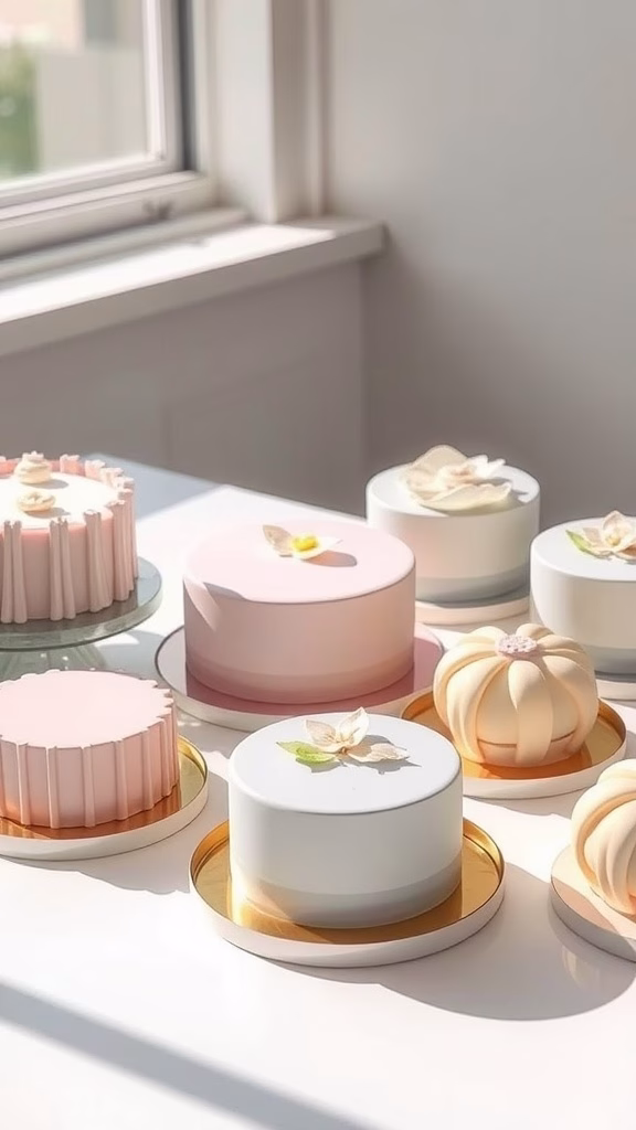 An assortment of minimalist Korean cakes displayed on a table with soft colors and simple decorations.