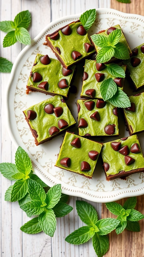 Mint Chocolate Chip Brownies with green frosting and chocolate chips