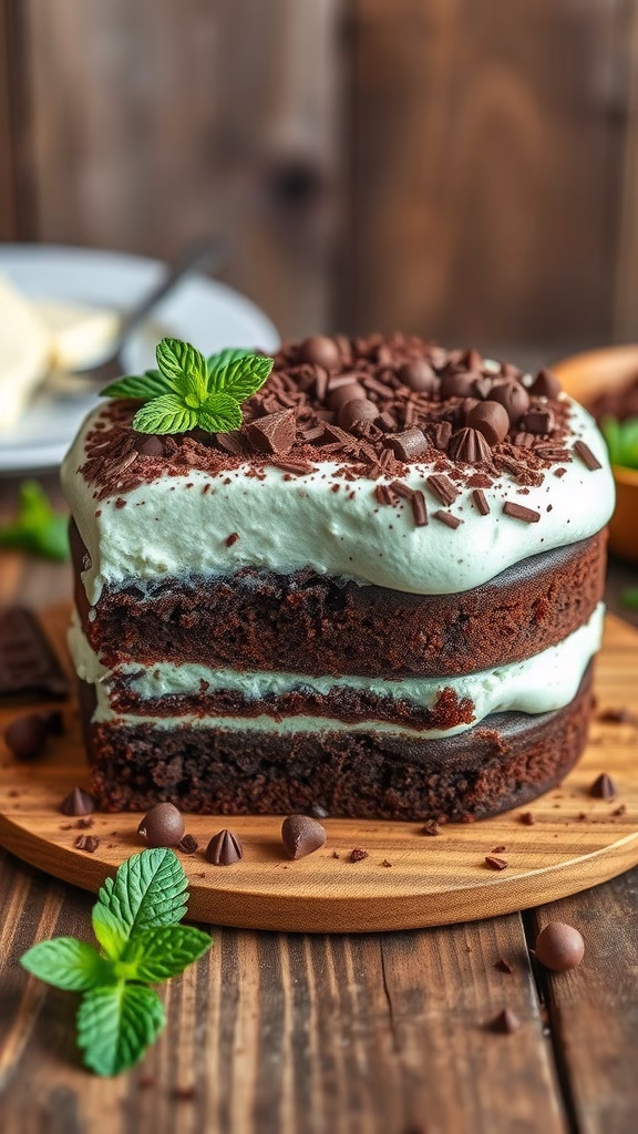 A delicious mint chocolate ice cream cake with layers of chocolate cake and mint chocolate chip ice cream topped with whipped cream and chocolate shavings.