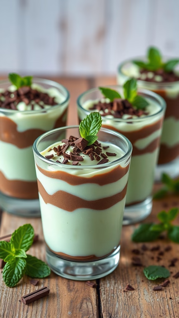 Mint chocolate pudding parfaits layered in glasses with chocolate and mint layers.
