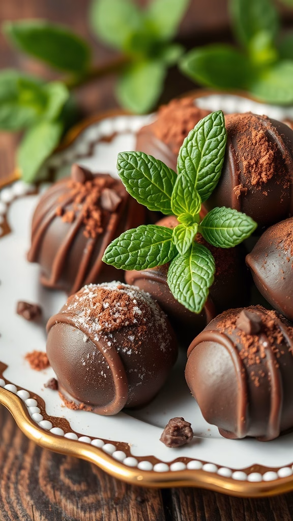 Mint chocolate truffles garnished with mint leaves