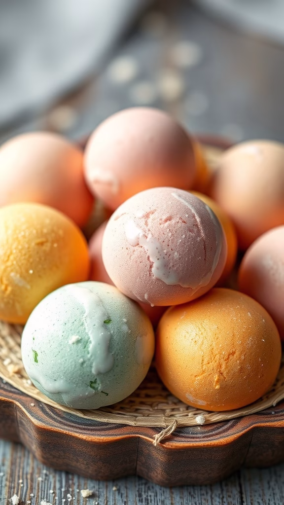 Colorful mochi ice cream balls on a bamboo plate.