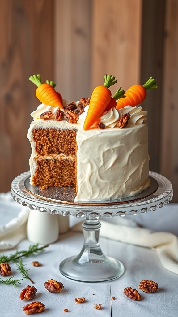 Moist Carrot and Walnut Cake with cream frosting and decorative carrots on top