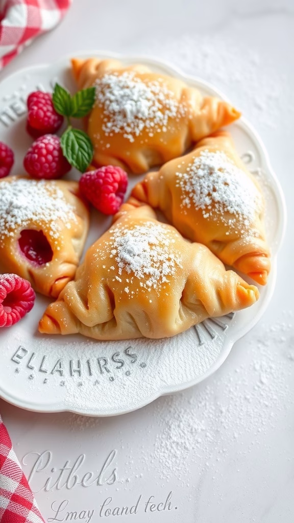 Delicious raspberry turnovers with powdered sugar and fresh raspberries