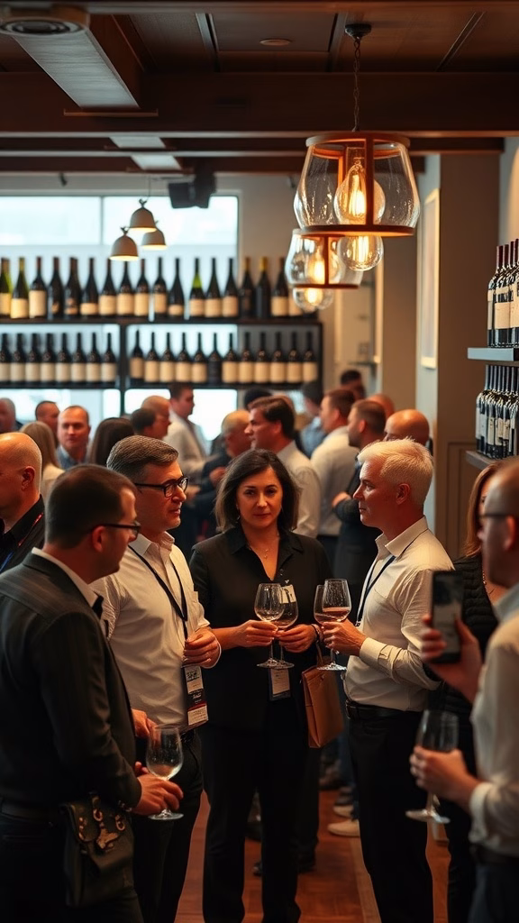 A lively wine networking event with people chatting and enjoying wine.
