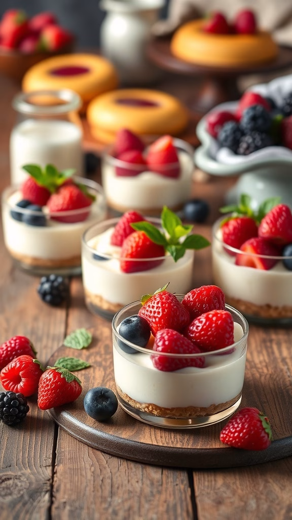 A variety of no-bake cheesecake cups topped with fresh berries, displayed on a rustic wooden table.