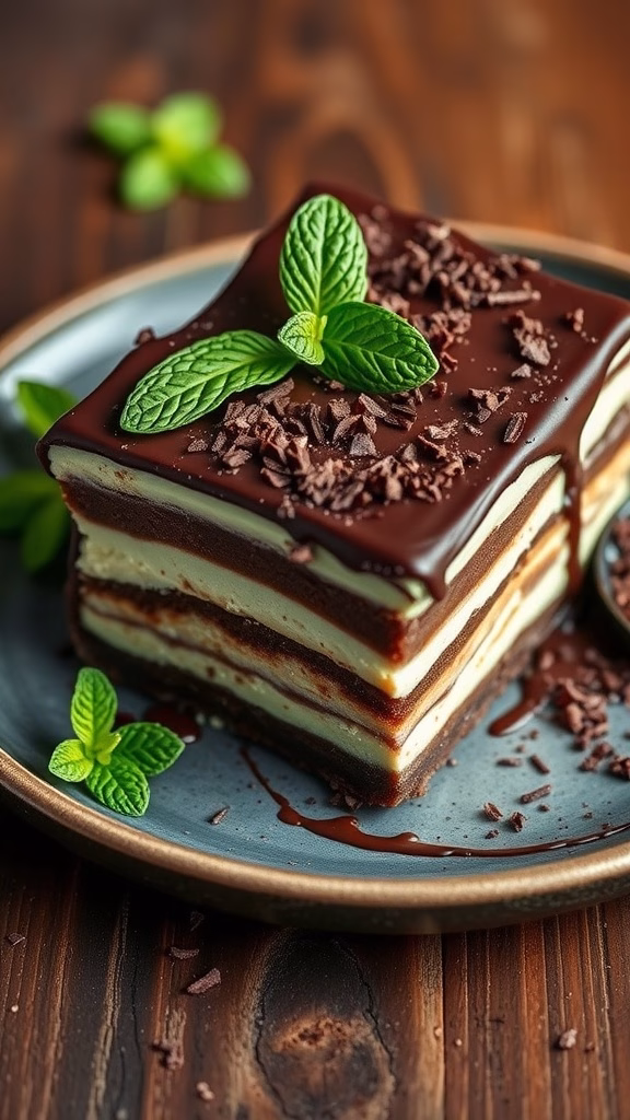 A delicious slice of no-bake mint chocolate lasagna topped with mint leaves and chocolate shavings.