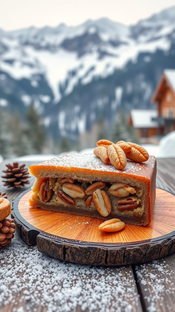 A beautifully presented slice of Nusstorte, showcasing a rich nut filling and a golden pastry crust.