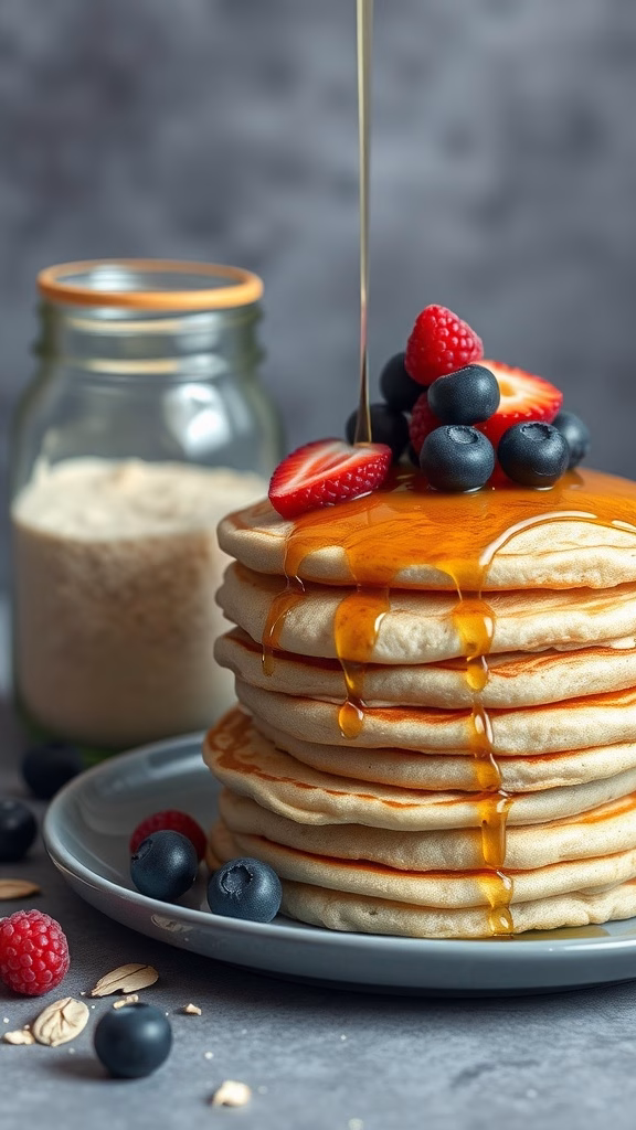 A stack of pancakes topped with berries and syrup, with a jar of oat flour in the background.