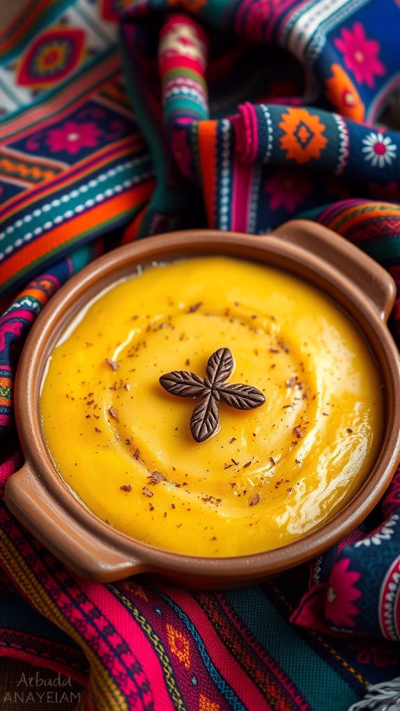 A bowl of creamy Pachamanca de Dulce dessert garnished with chocolate shavings.