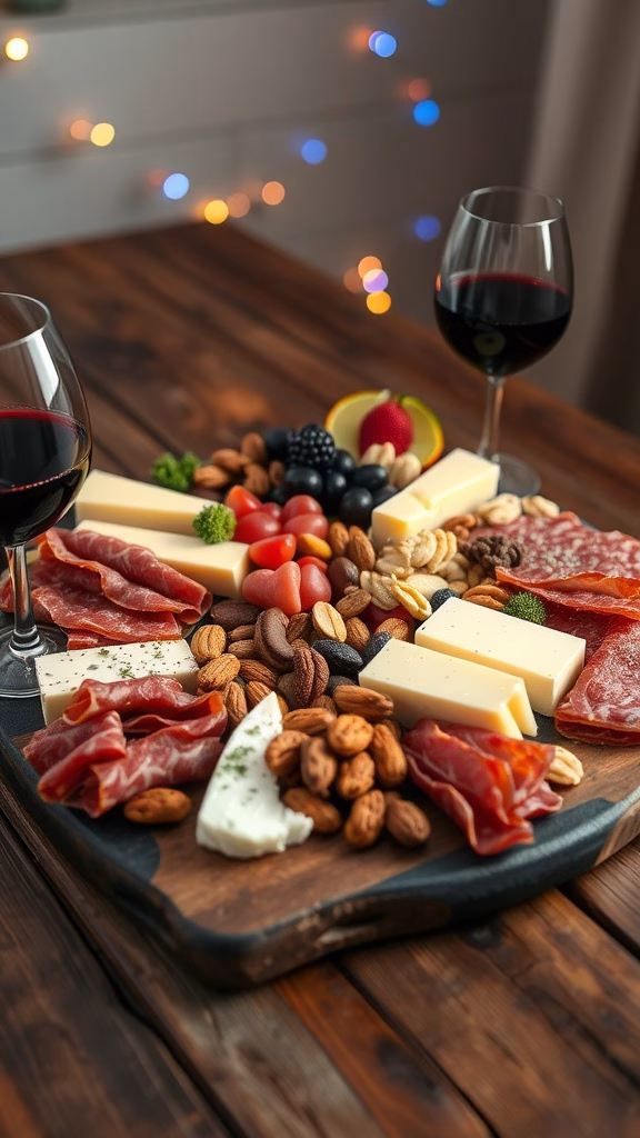 A beautifully arranged charcuterie board with assorted cheeses, meats, and fruits, paired with glasses of red wine, surrounded by soft lighting.