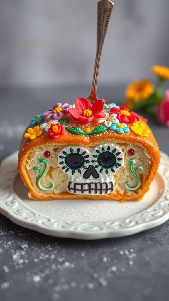 Traditional Pan de Muerto, a Mexican bread shaped like a skull adorned with flowers.