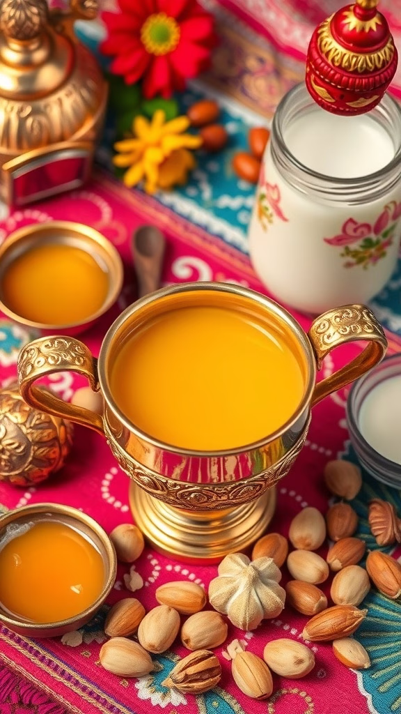 A golden Panchamrit sweet drink in a traditional cup surrounded by nuts and flowers.
