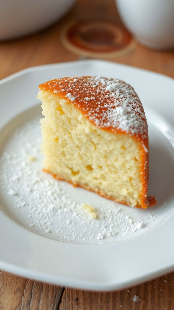 A slice of Pão de Ló, a Portuguese sponge cake, on a plate, dusted with powdered sugar.