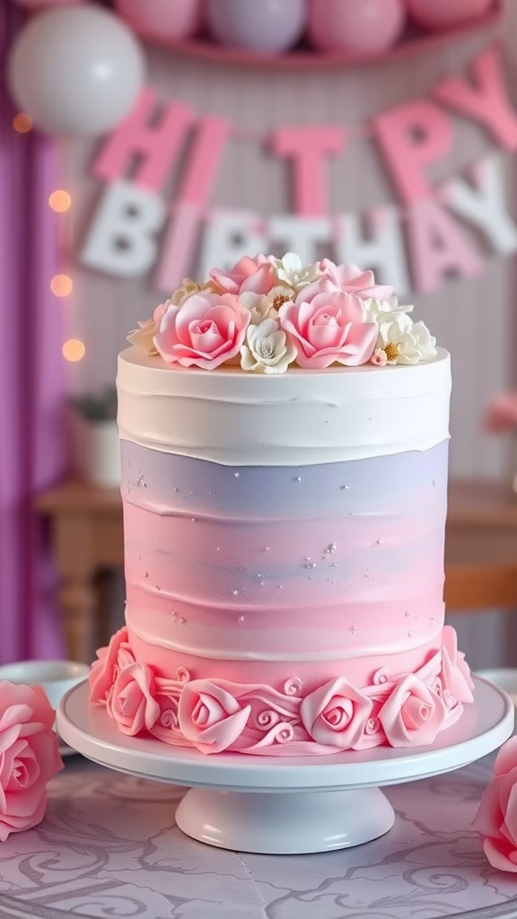 A beautifully decorated pastel ombre cake with roses on top, perfect for a birthday celebration.