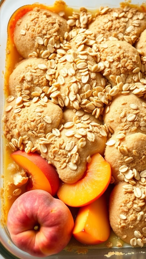 Peach cobbler with a crunchy oat topping, showcasing sliced peaches and oats.