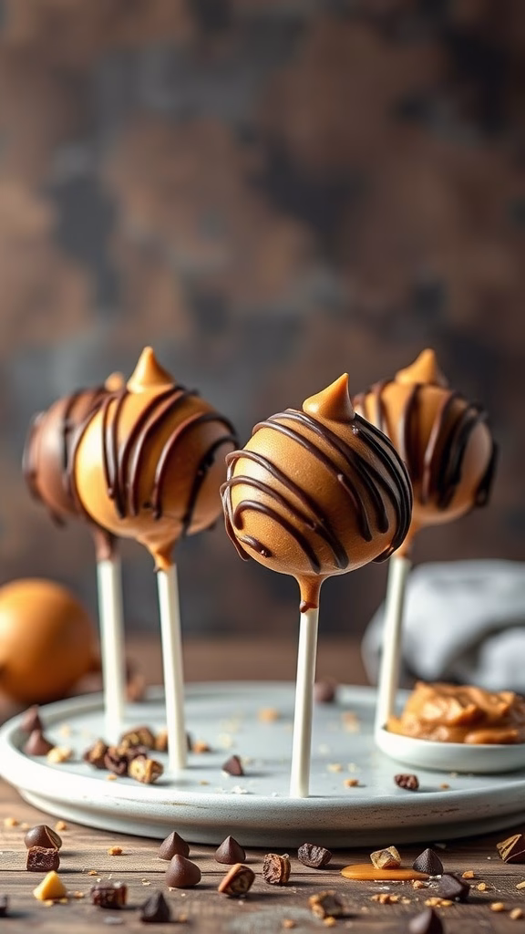 Peanut Butter Chocolate Drizzle Cake Pops on a plate with chocolate and peanut butter toppings