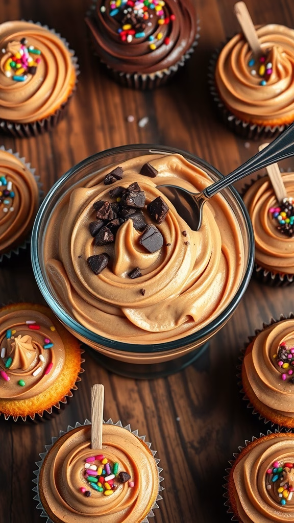 Peanut Butter Chocolate Swirl Frosting in a bowl with cupcakes decorated with frosting