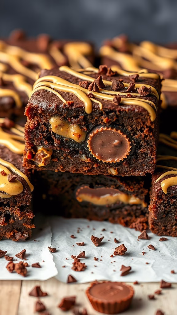 Delicious Peanut Butter Cup Stuffed Brownies with chocolate drizzle and peanut butter