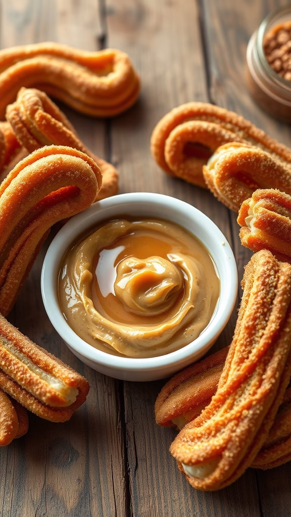 Delicious peanut butter honey drizzle served with crispy churros