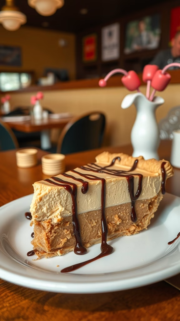 Slice of peanut butter pie with chocolate drizzle on a plate