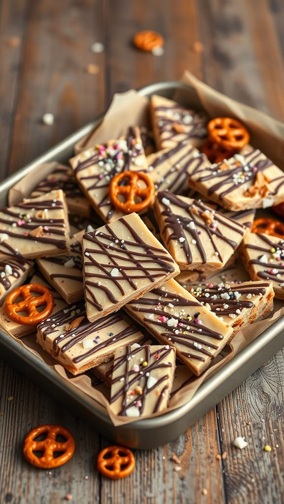 Delicious peanut butter pretzel bark cut into pieces and topped with chocolate drizzle and colorful sprinkles.