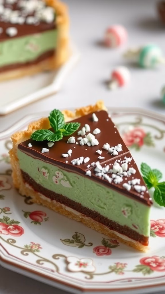 A slice of Peppermint Crisp Tart on a floral plate, showcasing layers of mint-flavored cream and chocolate.