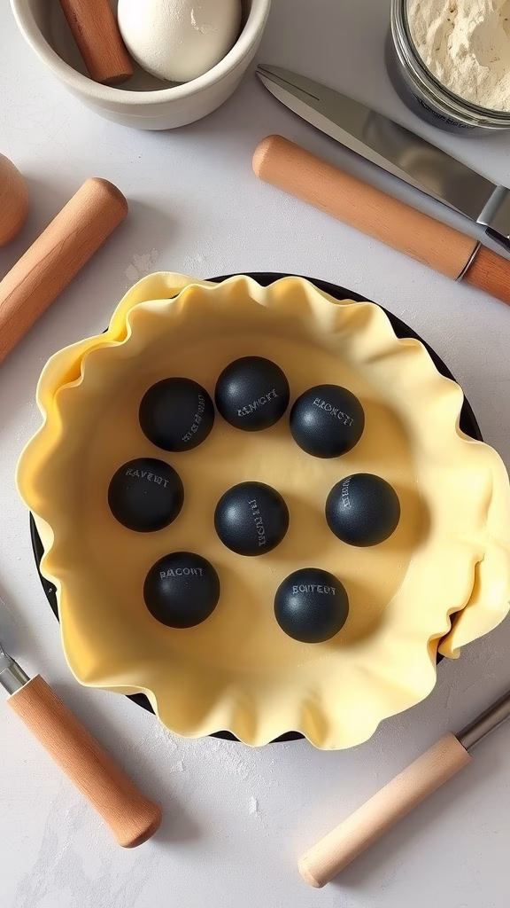 A prepared pie crust for blind baking with weights inside, surrounded by baking tools like a rolling pin and flour.