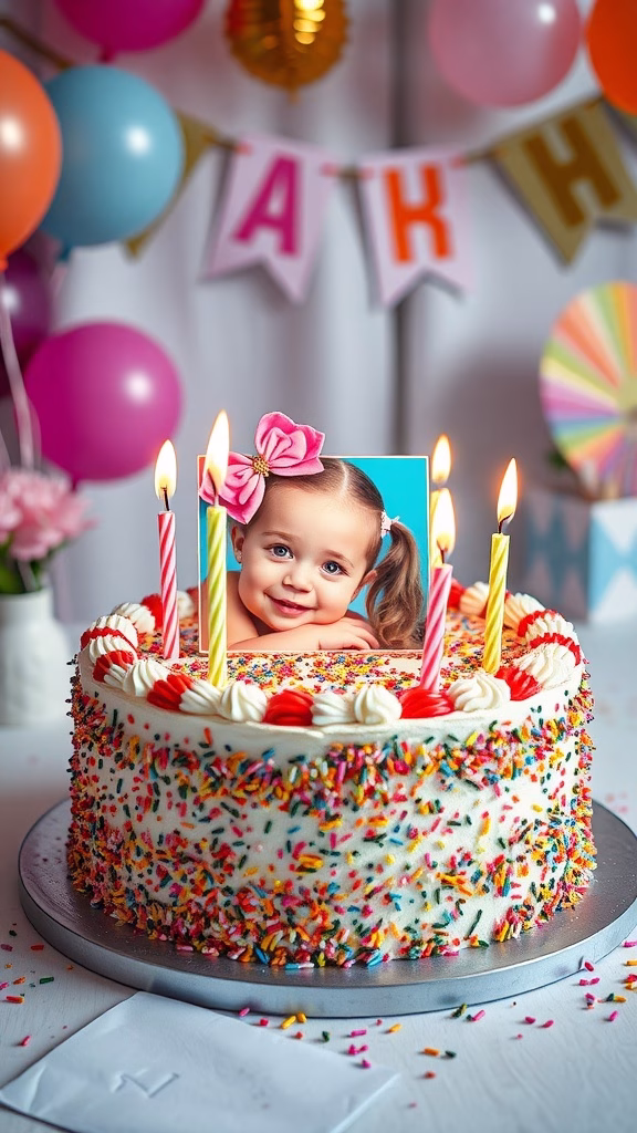 A colorful birthday cake with sprinkles and a photo of a girl on top, surrounded by candles.