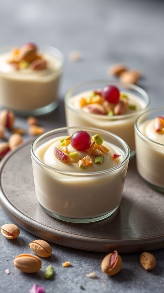 Pistachio and rosewater mousse cups topped with crushed pistachios and berries