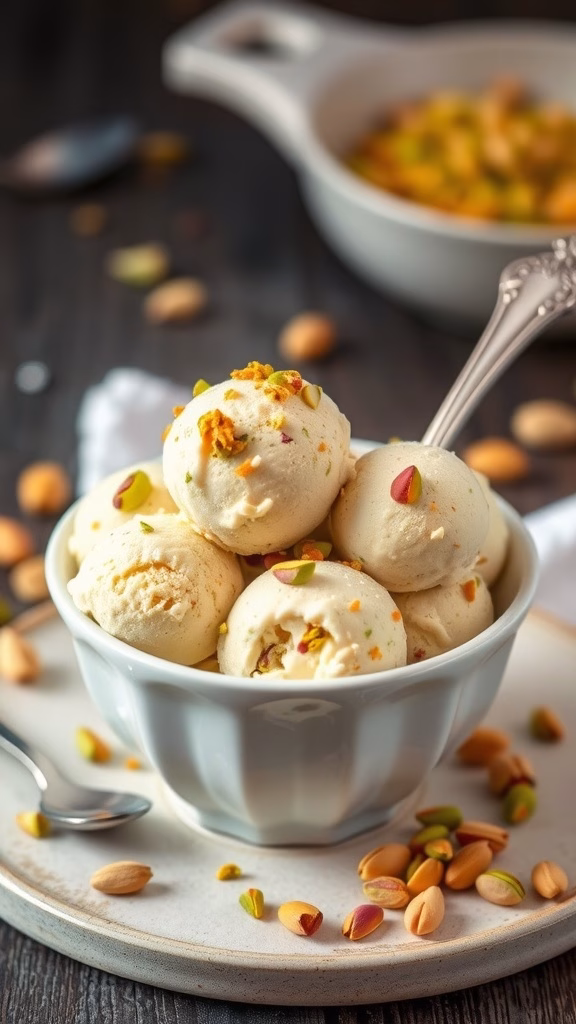A bowl of pistachio ice cream with rose water, garnished with chopped pistachios.