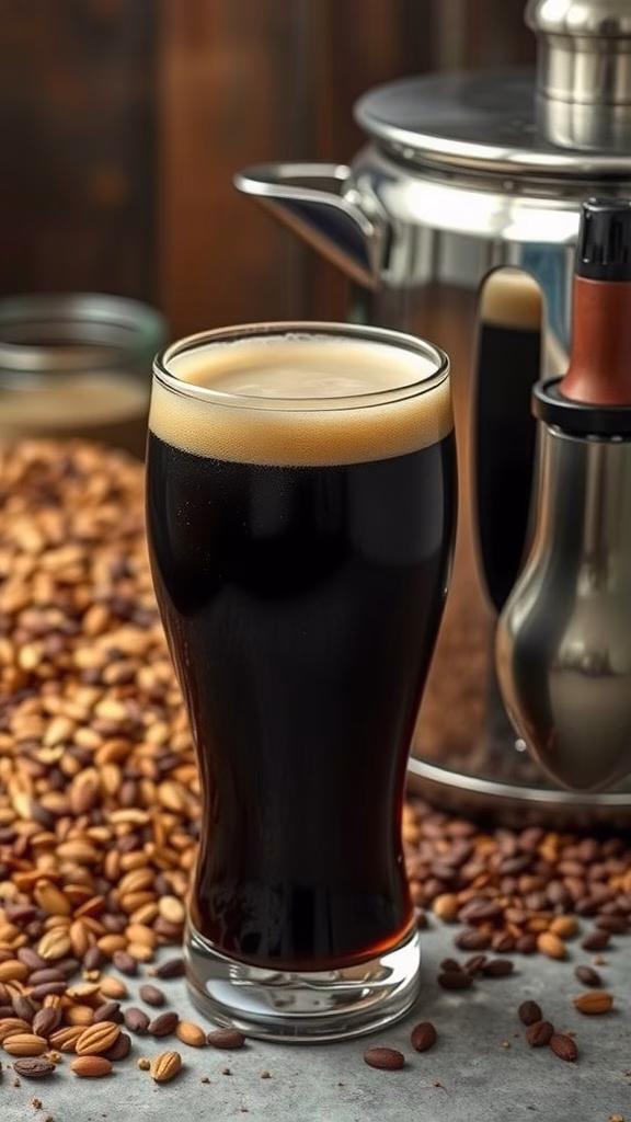 A glass of dark porter beer next to brewing equipment and roasted coffee beans.