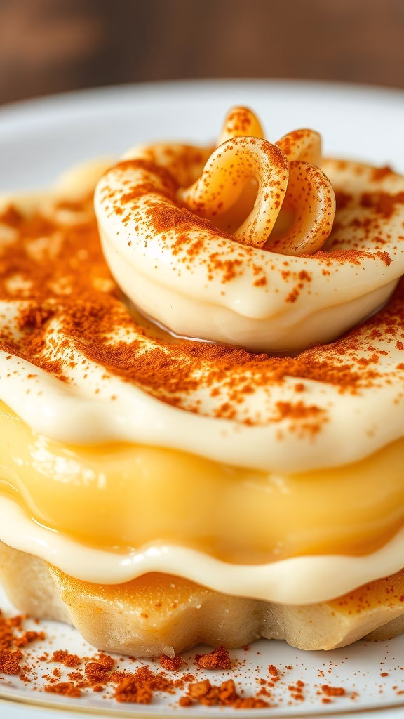 A creamy layered dessert with a sprinkle of cinnamon on top.