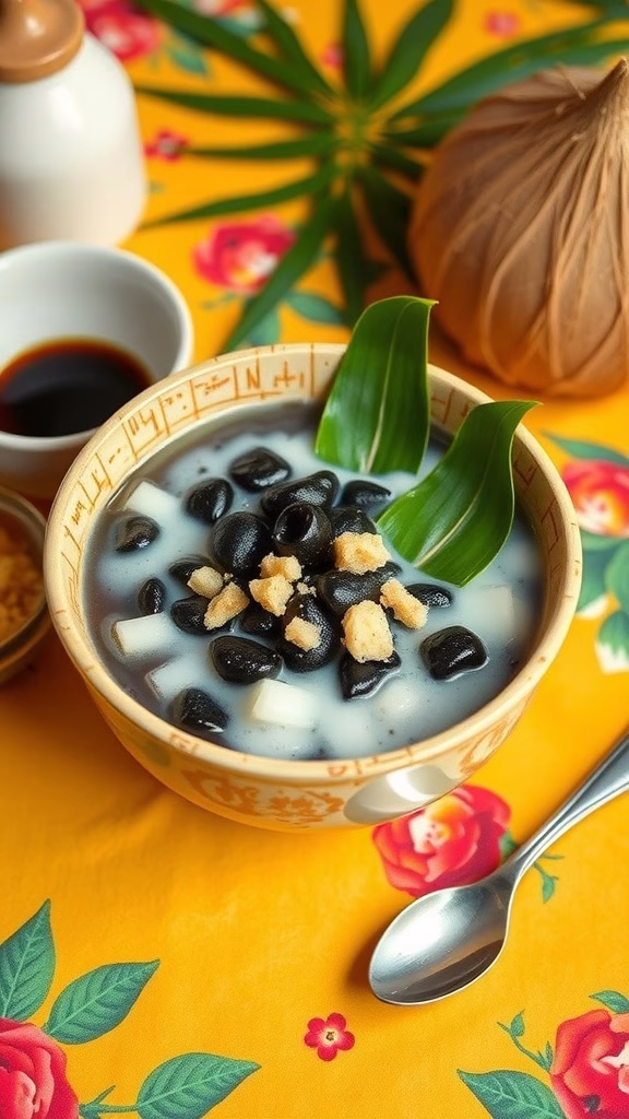A bowl of Pulut Hitam (black glutinous rice porridge) topped with coconut milk and garnished with pandan leaves.