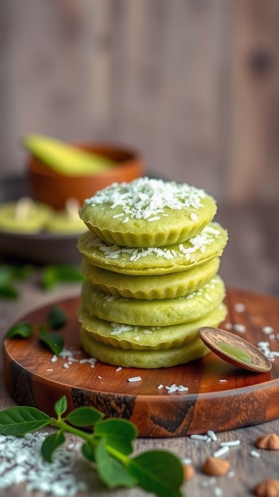 Putu Ayu: A stack of green steamed coconut cakes topped with grated coconut.