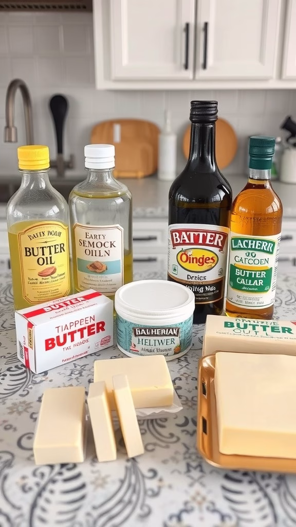 Various butter substitutes for baking, including oils, margarine, and nut butters, displayed on a kitchen countertop.