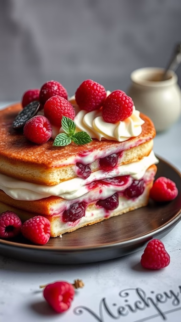 A slice of Raspberry Charlotte Russe dessert with raspberries and garnished with mint leaves.
