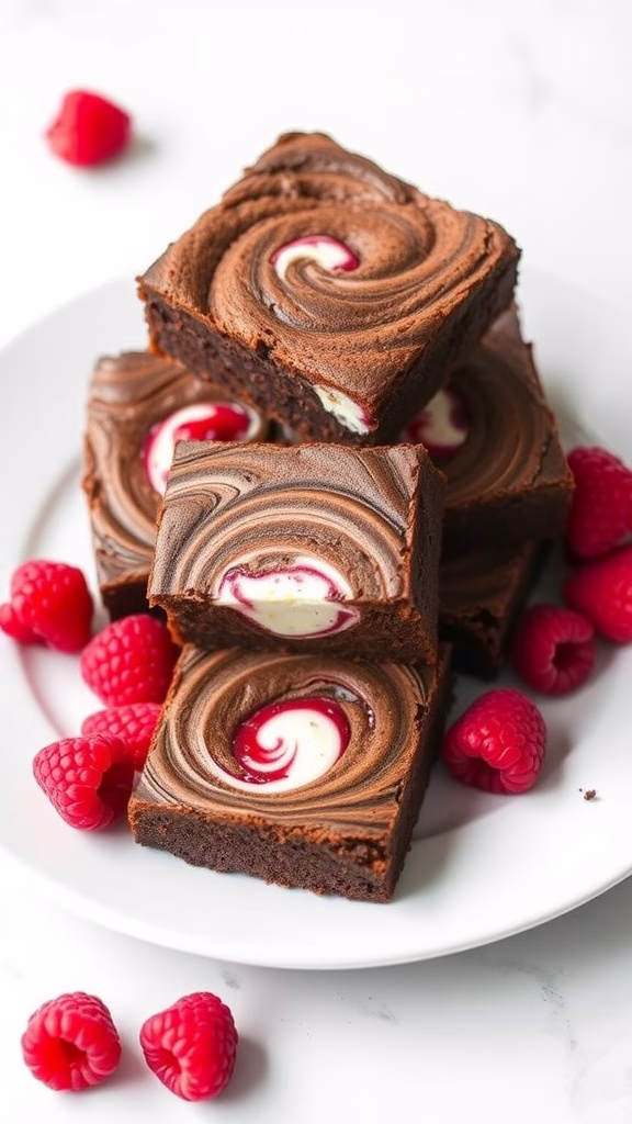 Delicious raspberry cream cheese brownies on a plate