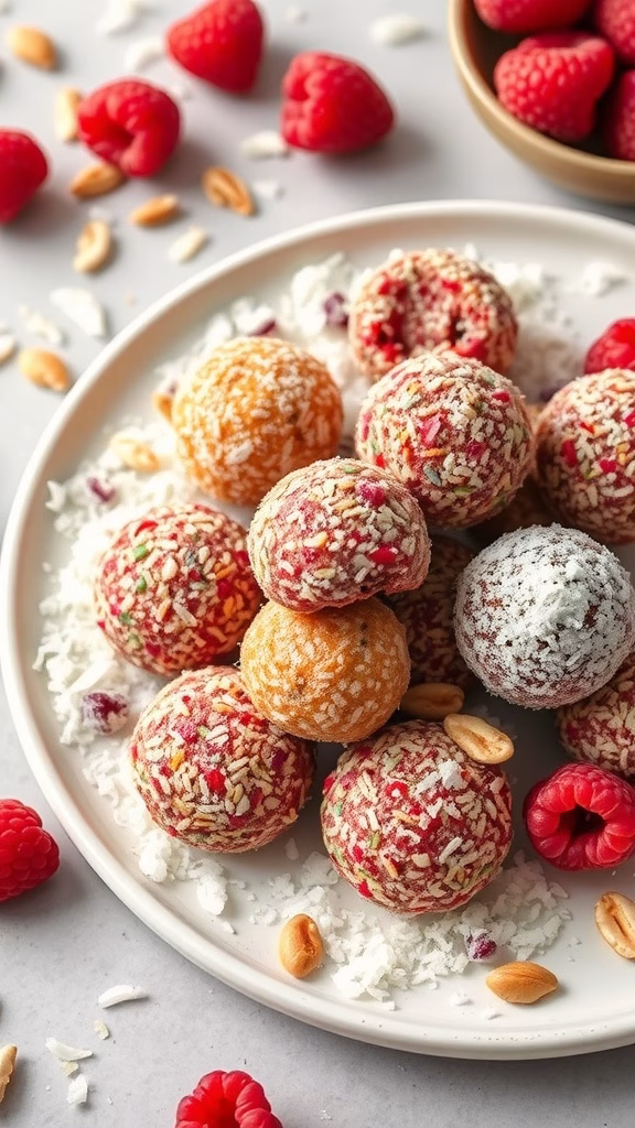 A plate of colorful raspberry energy balls coated in coconut and nuts