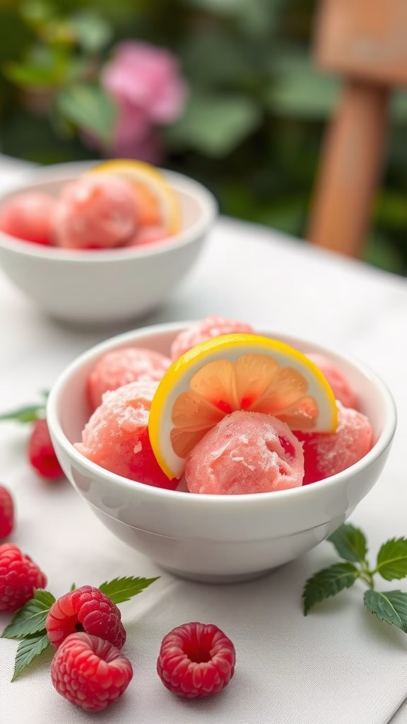 A refreshing bowl of raspberry lemon sorbet garnished with lemon slices and fresh raspberries.