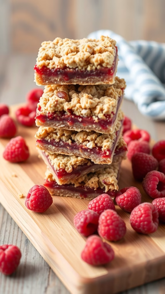 Stack of raspberry oatmeal crumble bars on a wooden board, surrounded by fresh raspberries.
