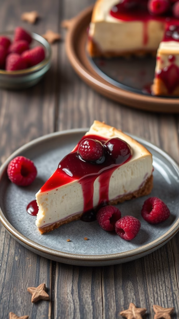 A slice of raw raspberry cheesecake on a plate with fresh raspberries.