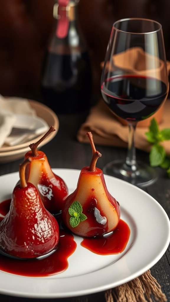 Delicious red wine poached pears served on a plate with a glass of red wine.