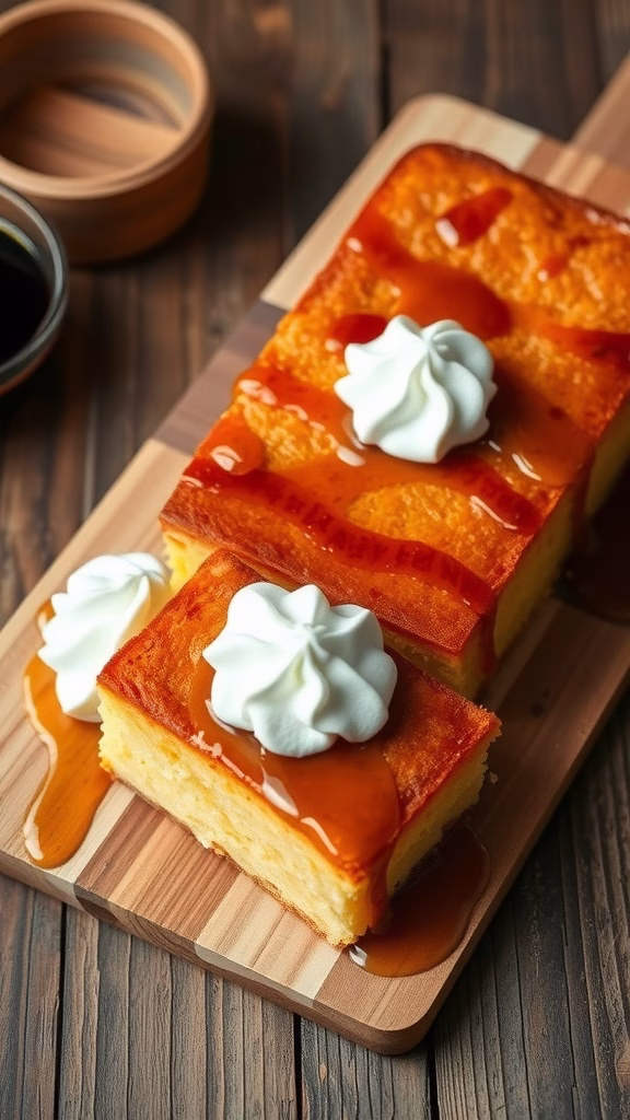 Revani, a semolina cake soaked with syrup, served with whipped cream.