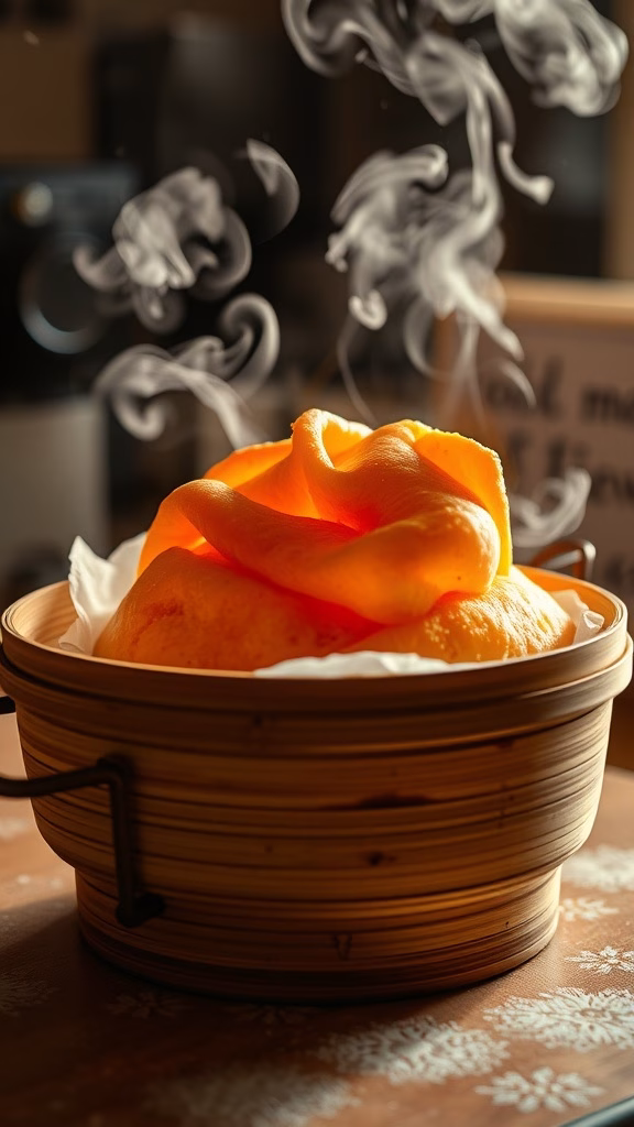 A steaming pastry in a bamboo steamer, showcasing the process of reviving stale pastries with steam.