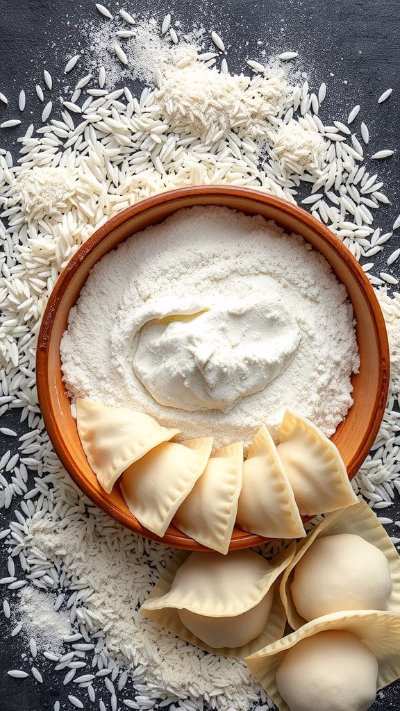 A bowl of rice flour surrounded by different types of rice and dough shapes, illustrating the versatility of rice flour in gluten-free baking.